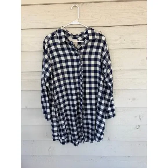 Jasmine & Ginger Navy Gingham Button Front Blouse Size L - Picture 2 of 5